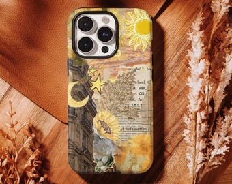Étui Sun Moon Star & Newspaper Art - Protecteur rétro parisien pour iPhone 17, 16, 15, 14, 13, 12, 11 Pro Max, Samsung S25 S24 S23 S22 Ultra