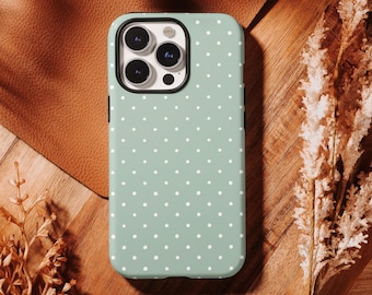 Light Green with White polka dots Phone Case,Retro Classic Girlish iPhone 17 16, 15, 14, 13, 12, 11 Pro Max ,Samsung S25 S24 S23 S22 Ultra