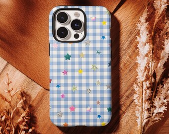 Blue White Gingham Colorful Glitter Stars Case - Preppy Coquette Celestial,iPhone 17 16, 15, 14, 13, 12, 11 Pro Max ,Samsung S25 S24 S23 S22