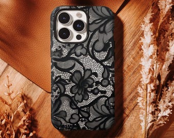Vintage Lace Phone Case, Elegant Black Flower Design,Compatible With iPhone 17 16, 15, 14, 13, 12, 11 Pro Max ,Samsung S25 S24 S23 S22 Ultra