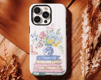 Watercolor Books & Flowers Phone Case- Cottagecore Book Lover Floral iPhone 17 16, 15, 14, 13, 12, 11 Pro Max ,Samsung S25 S24 S23 S22 Ultra
