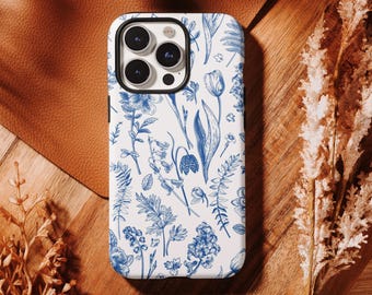Funda rígida con dibujo de líneas de flores azules compatible con iPhone 17, 16, 15, 14, 13, 12, 11 Pro Max, Samsung S25, S24, S23, S22 Ultra