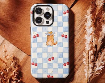 Funda para teléfono con diseño de gato y cereza en cuadros azules y blancos - Estilo retro, para iPhone 17, 16, 15, 14, 13, 12, 11 Pro Max, Samsung S25, S24, S23 y S22 Ultra