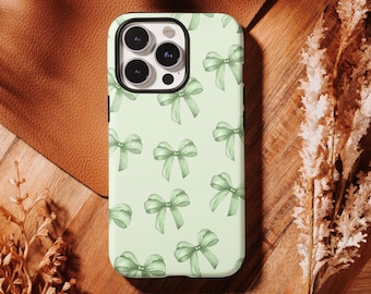 Light Green Bows Phone Case - Cute Aesthetic Retro Design,For iPhone 17 16, 15, 14, 13, 12, 11 Pro Max ,Samsung S25 S24 S23 S22 Ultra