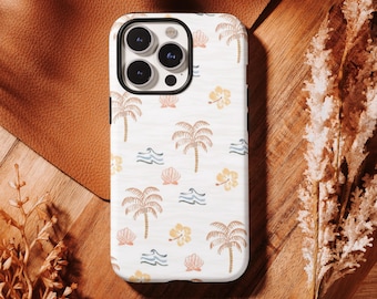 Beachy Palm Tree Phone Case, Ocean Waves Print, Tough Phone  Cover, iPhone 17 16, 15, 14, 13, 12, 11 Pro Max ,Samsung S25 S24 S23 S22 Ultra