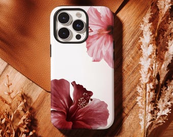 Pink & Burgundy Hibiscus Phone Case - Retro Romantic Cover, For iPhone 17 16, 15, 14, 13, 12, 11 Pro Max ,Samsung S25 S24 S23 S22 Ultra