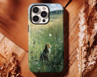 Funda para teléfono con diseño de gato en un prado pintado al óleo vintage - Funda de arte cottagecore para iPhone 17 16, 15, 14, 13, 12, 11 Pro Max, Samsung S25 S24 S23 S22 Ultra