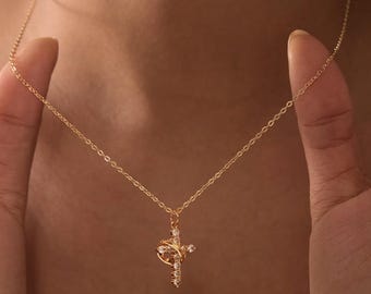 Diamond Cross Crown Necklace, 14k Gold Plated Christian Pendant, Religious Gift for Her