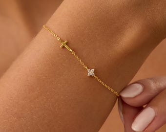 Pulsera de cruz de oro con flor de ópalo, delicada joyería cristiana