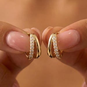 Pave CZ Diamond Double Hoop Huggie Earrings, Sterling Silver