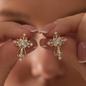 Minimal Diamond Cross Earrings: Dainty Christian Baptism Pave Huggie Hoops