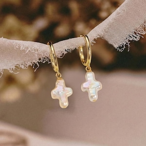Freshwater Pearl Cross Earrings Hoop, Natural Pearl Cross Hoop, 18K Gold Pearl Dangle Earring, Valentines Gift For Her, Bridesmaids Gift