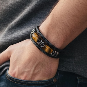 Men's Braided Leather Bracelet, Tiger Eye Stone, Magnetic Clasp
