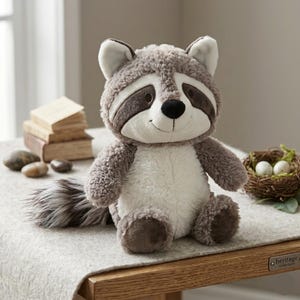 May include: A plush raccoon stuffed animal with gray and white fur, brown accents, and a black nose. The raccoon has a smiling expression and is sitting on a light gray surface. A small nest with two eggs is to the right.