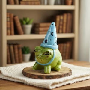 Peut inclure: Figurine de grenouille verte fantaisiste portant un chapeau de sorcier bleu clair orné de motifs de lune et de fleurs. La grenouille est posée sur un disque en bois, avec une étagère en arrière-plan. La figurine a une expression grincheuse.