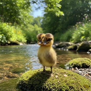 May include: A two-headed duckling stands on a mossy rock in a stream. The duckling has yellow and brown feathers, with two distinct heads facing forward. The background features a flowing stream and lush green foliage.