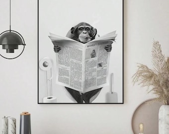 Schwarzweißer Schimpanse Affe auf Toilette Wandkunst | Zeitungsdruck lesen | Lustiges Badezimmer Poster | Tier auf Toilette