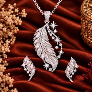 Celestial Feather Necklace Earrings Set, CZ Star Pendant Jewelry, White Metal Finish