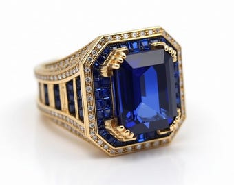 Blue Sapphire Statement Ring, Emerald Cut Sapphire Halo Ring, 925 Sterling Silver Gold Plated Men's Cocktail Ring Gift