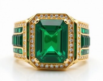 Men's Green Emerald Ring 925 Sterling Silver, Octagon Statement Ring, CZ Halo, Hip Hop Jewelry, Bold Signet Ring, Gift for Him
