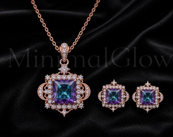 Mystic Topaz Jewelry Set 925 Sterling Silver Purple Blue Necklace Earrings CZ Floral Halo Gift Statement Gemstone Set