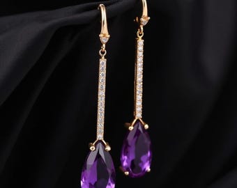 Gold Plated Sterling Silver Amethyst Teardrop Earrings: CZ Diamond Bar