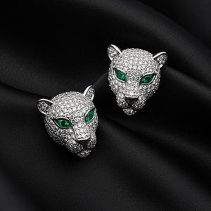 Panther Head Diamond Stud Earrings | Green Lab Emerald Eyes | Cubic Zirconia or Moissanite | Bold Animal Jewelry Gift for Her