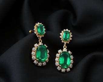 Emerald Dangle Earrings: Gold Plated Sterling Silver, CZ Diamond Halo