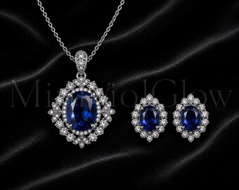 Lab Created Blue Sapphire Jewelry Set 925 Sterling Silver Oval Necklace Earrings Floral Halo September Birthstone Gift