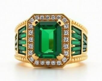 Men's Green Emerald Ring 925 Sterling Silver, Octagon Cut Statement Ring, CZ Halo, Bold Hip Hop Jewelry, Luxury Signet Ring Gift for Him