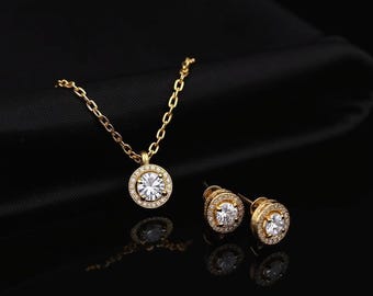 925 Sterling Silver Round Halo Necklace Earrings Set, CZ Diamond Jewelry, Gold Finish Bridal Gift, Elegant Wedding Jewelry Set