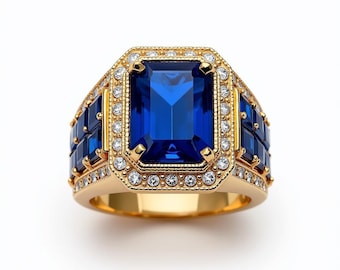 Emerald Cut Sapphire Ring, Gold Plated Sterling Silver, Hip Hop Style