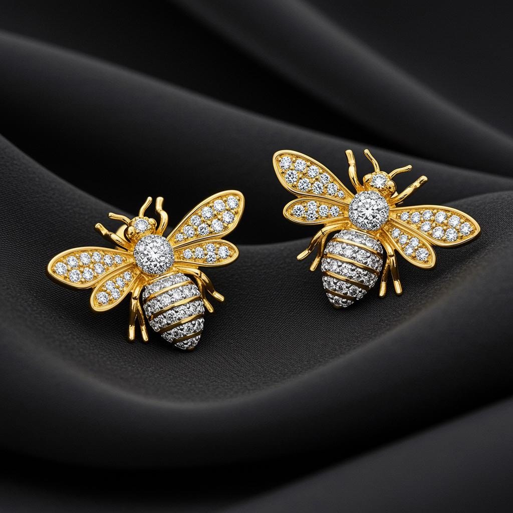 Gold Honeybee Stud Earrings: Moissanite or Cubic Zirconia Bee