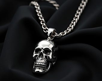 Sterling Silver Skull Pendant Necklace | Gothic Biker Jewelry