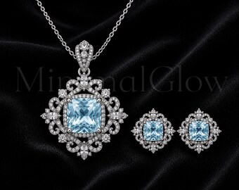 Lab Created Blue Topaz Jewelry Set 925 Sterling Silver Necklace Earrings Ornate Floral Halo Gift December Birthstone