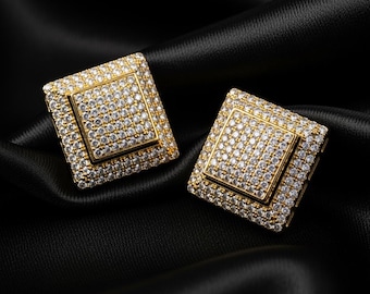 Iced-Out Square Stud Earrings – 14K Gold Plated Sterling Silver