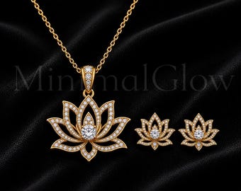 Lotus Flower Necklace Earrings Set 925 Sterling Silver CZ Diamond Floral Pendant Spiritual Jewelry Wedding Gift for Her