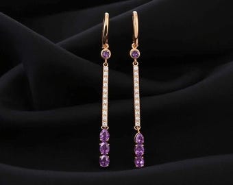 Gold Plated Sterling Silver Amethyst Drop Earrings | CZ Diamond Bar