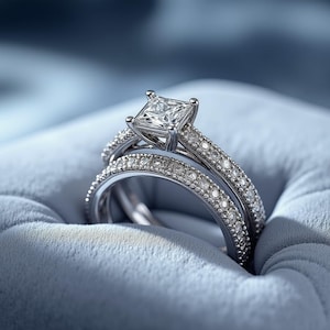 Parure nuptiale en argent sterling de coupe princesse | Pavé cathédrale, moissanite ou CZ