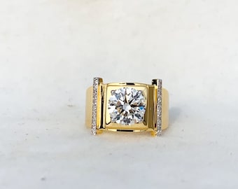 Lab Grown Diamond Gold Men's Ring, Solitaire Statement, Modern Wedding Band