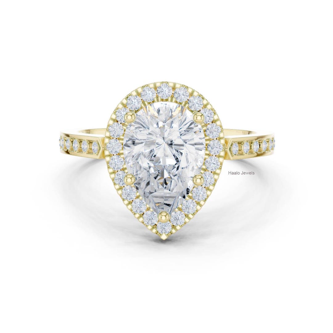 Pear Cut Lab Grown Diamond Halo Engagement Ring | Vintage Bridal - Etsy