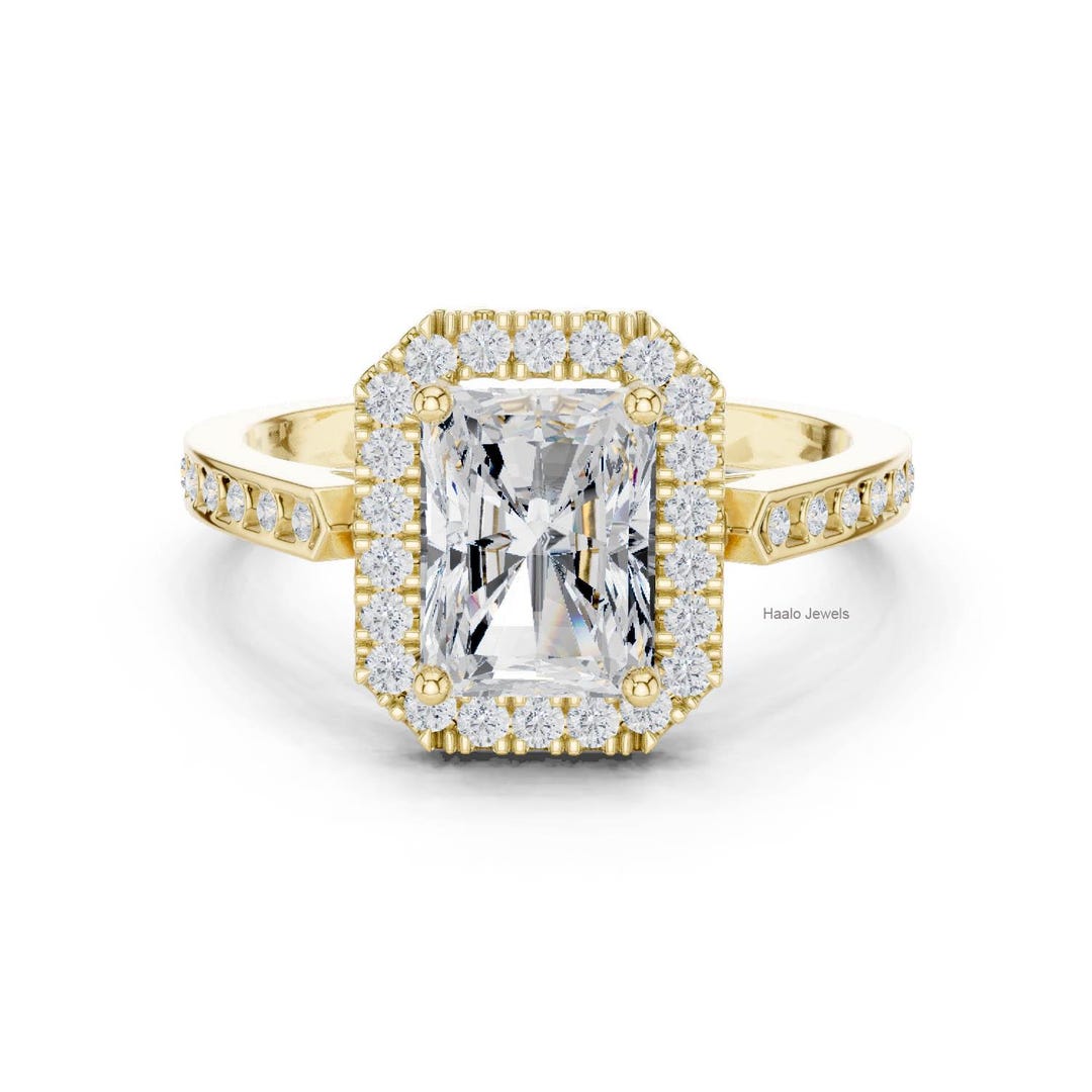 Radiant Cut Lab Grown Diamond Halo Engagement Ring | Sterling Silver - Etsy