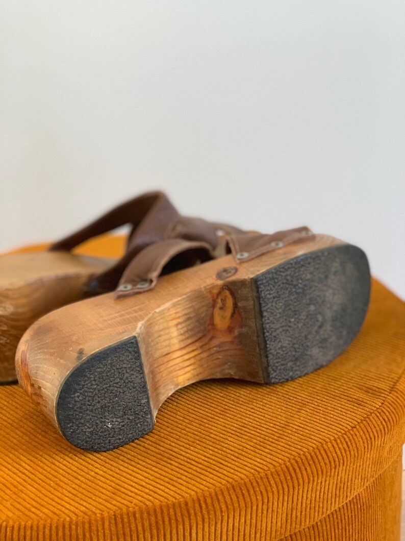 Wooden Platform Hippie Clogs Womens 70s Vintage Leather Shoes US 8,5 EU 39 UK 6