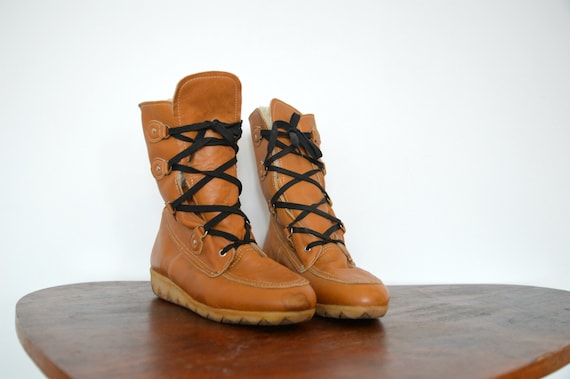 Leather Winter Boots, Vintage Brown Tie Boots, Lea