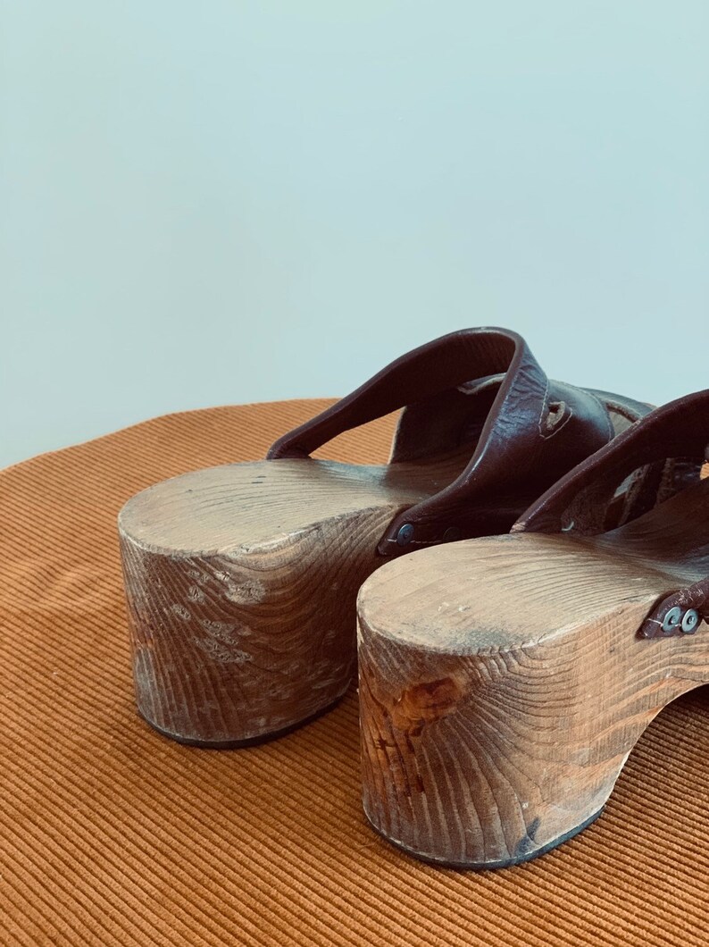 Wooden Platform Hippie Clogs Womens 70s Vintage Leather Shoes US 8,5 EU 39 UK 6