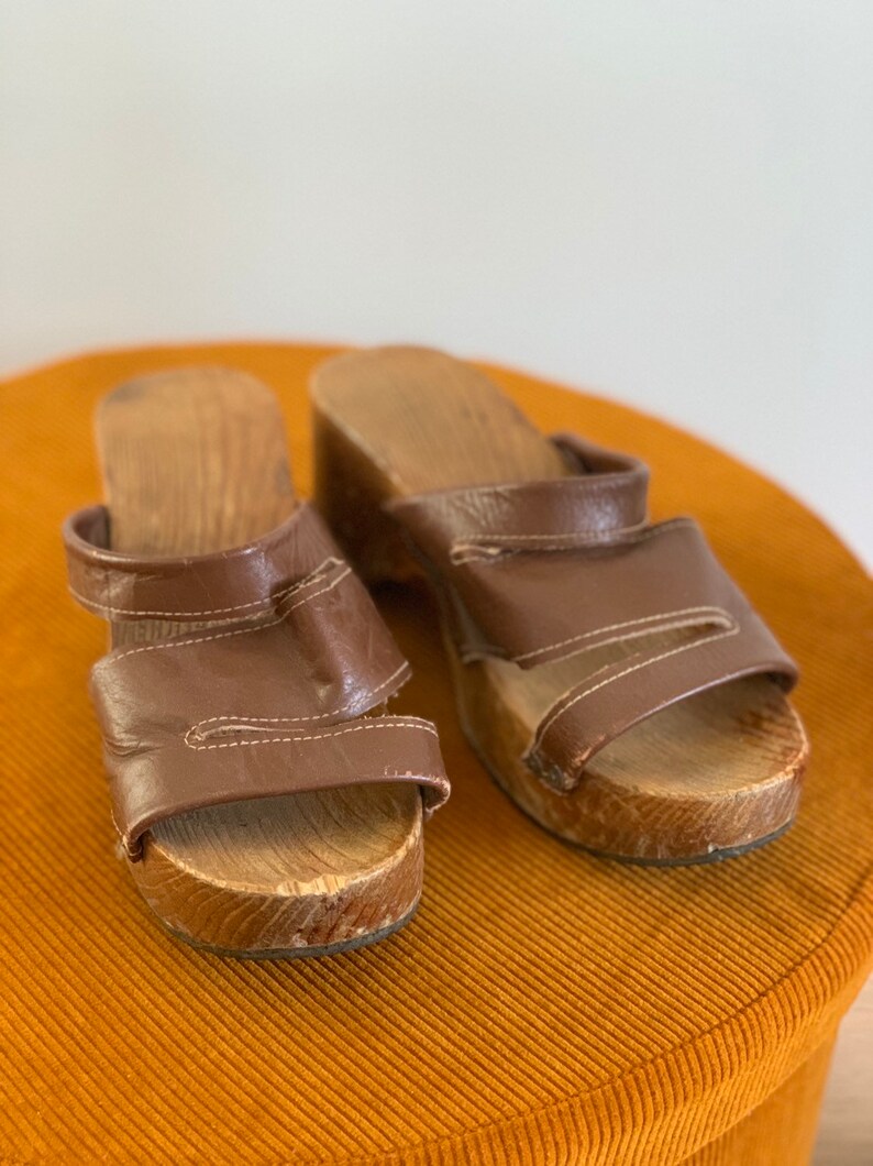 Wooden Platform Hippie Clogs Womens 70s Vintage Leather Shoes US 8,5 EU 39 UK 6