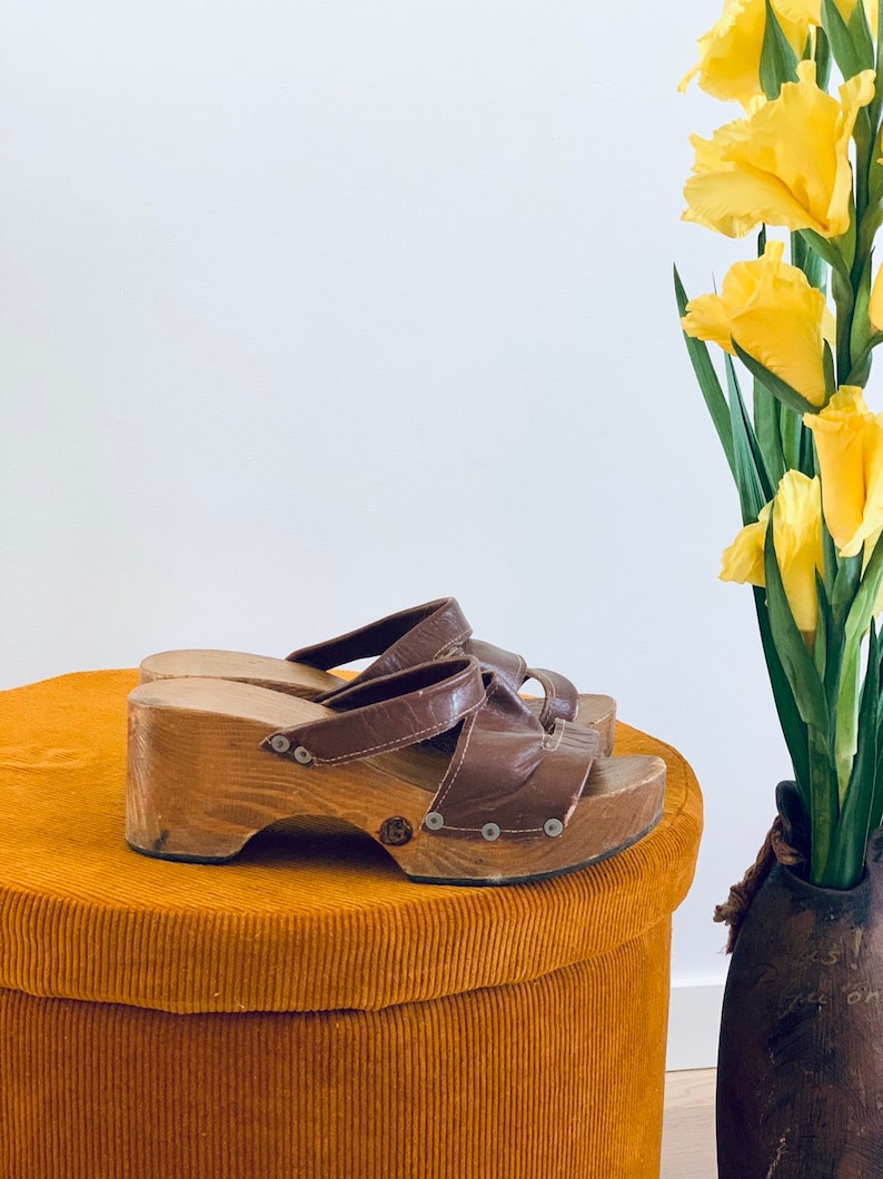 Wooden Platform Hippie Clogs Womens 70s Vintage Leather Shoes US 8,5 EU 39 UK 6