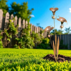 Rustic Iron Calla Lily Garden Statue with Bell | Metal Flower Sculpture | Outdoor Yard Art | Patio Garden Path Decoration
