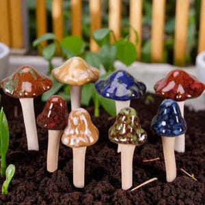 Set of 8 Handmade Mushroom Garden Stakes | Colorful Ceramic Mushrooms | Outdoor Fairy Garden Decor | Cottagecore Patio Ornament