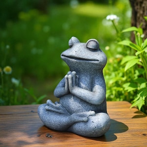 Meditating Frog Garden Statue | Blue Sandstone Yoga Frog Figurine | Zen Outdoor Sitting Sculpture | Whimsical Patio Yard Decoration